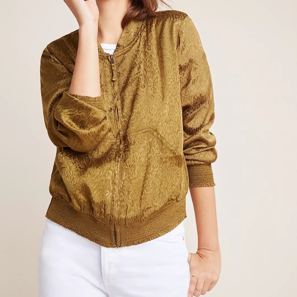 Anthropologie Maeve Silky Bomber Jacket Olive Leopard Print Full Zip Size Medium